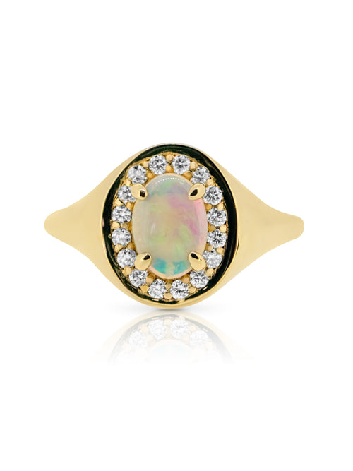 Opal and Diamond Halo Signet Ring